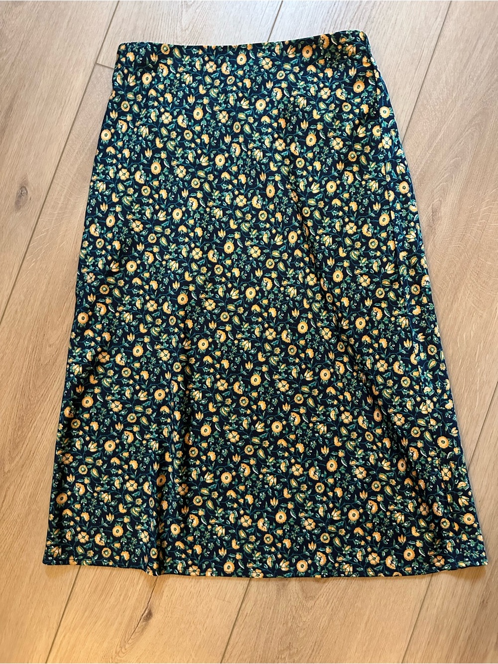 J. Crew Navy A-Line Midi Skirt with Yellow Floral Print